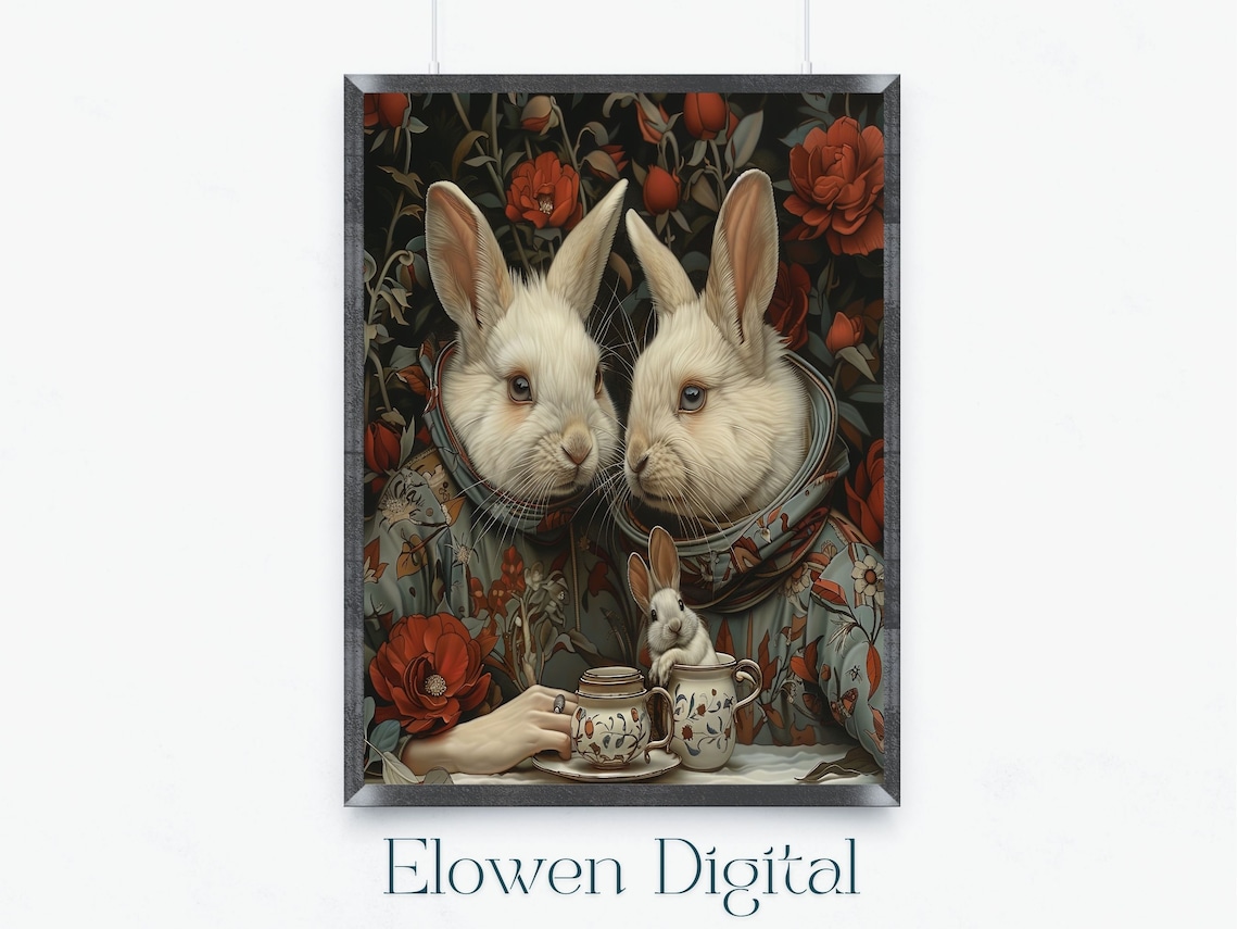 Two White Rabbits Sharing Tea Among Deep Red Roses Art Nouveau Wall Art