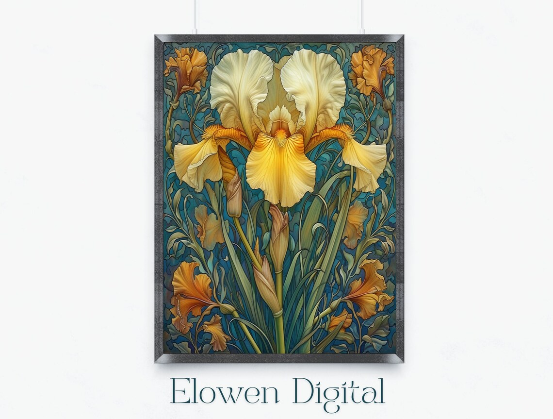 Golden Yellow Bearded Iris Botanical Art Nouveau Floral Art Poster