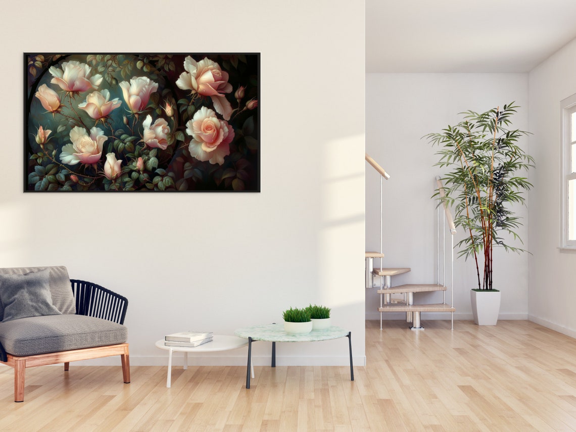 Vintage Cream and Blush Roses Botanical Study on Dark Poster - Image 3