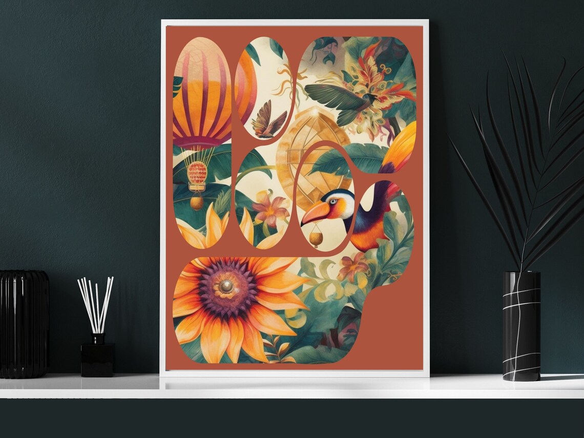 Surreal Tropical Jungle Toucan and Hot Air Balloon Collage Art Poster - Image 6