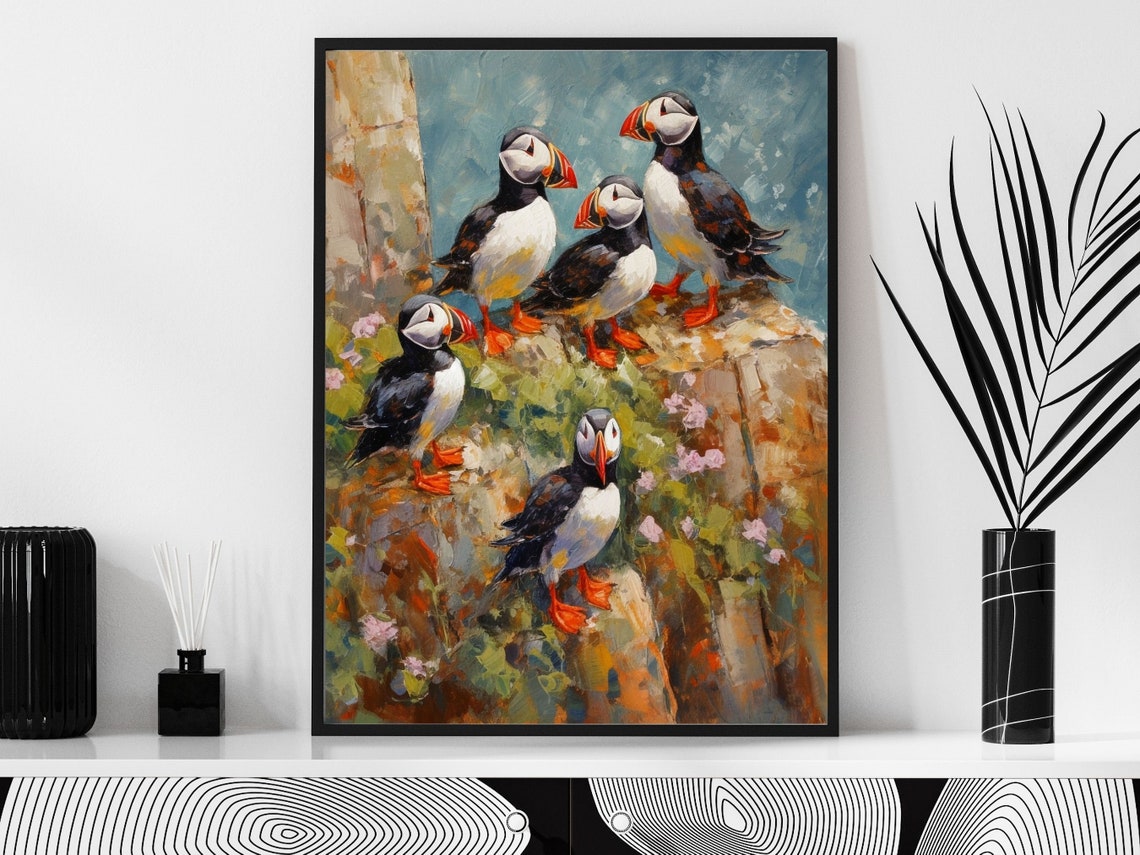 Five Atlantic Puffins On Rocky Cliff Seabird Scene Art Poster - Image 2