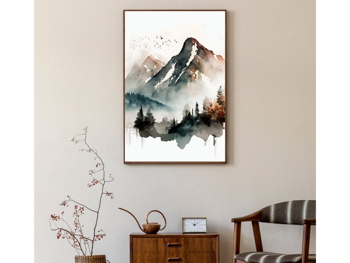 Soft Watercolor Misty Mountain Peaks With Birds And Forest Poster - Image 3