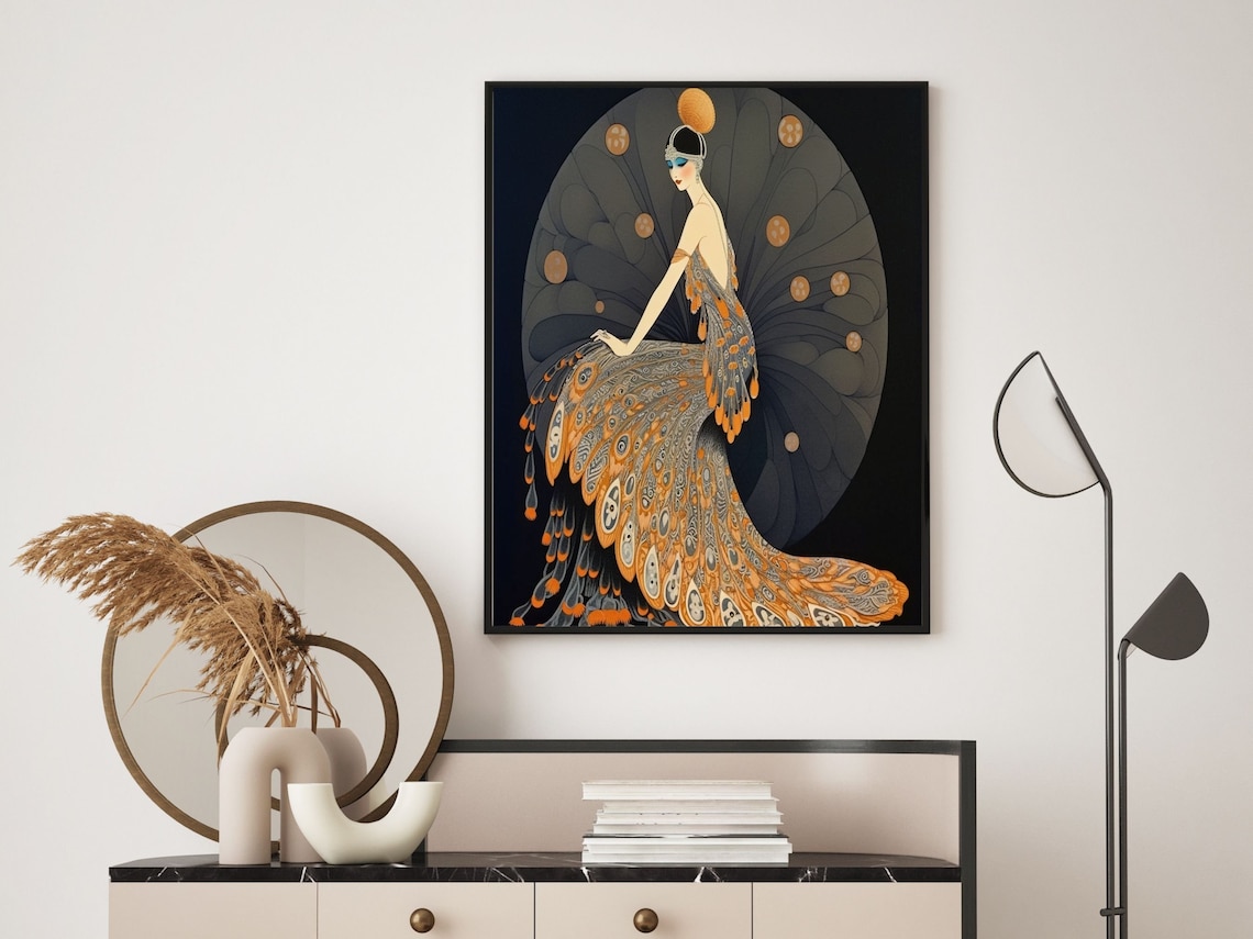Woman In Dramatic Orange Peacock Feather Gown Art Deco Style Wall Art - Image 4