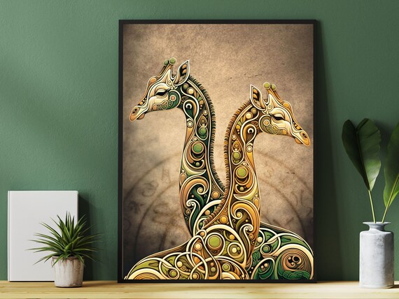 Two Ornate Giraffes With Gold And Green Patterned Bodies Art Nouveau Wall Art