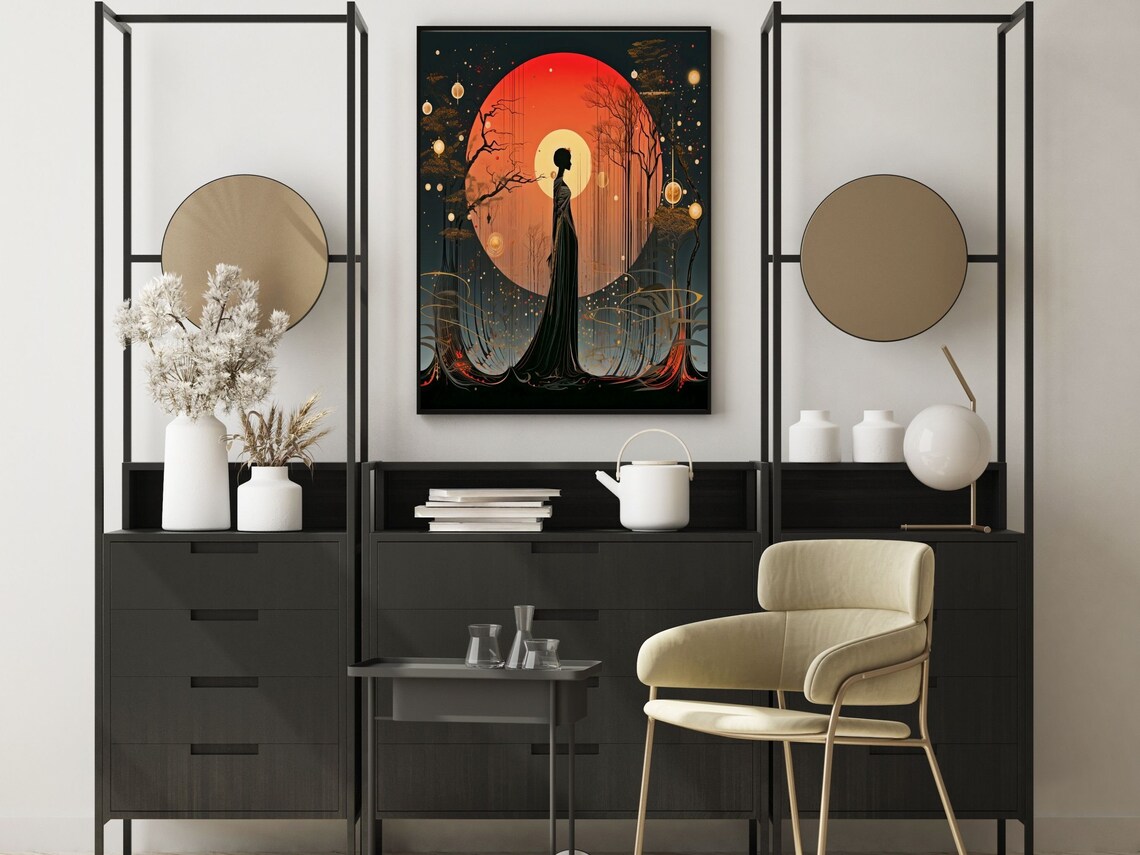 Art Deco Silhouette of Woman Before Red Sun and Pale Moon Poster - Image 4