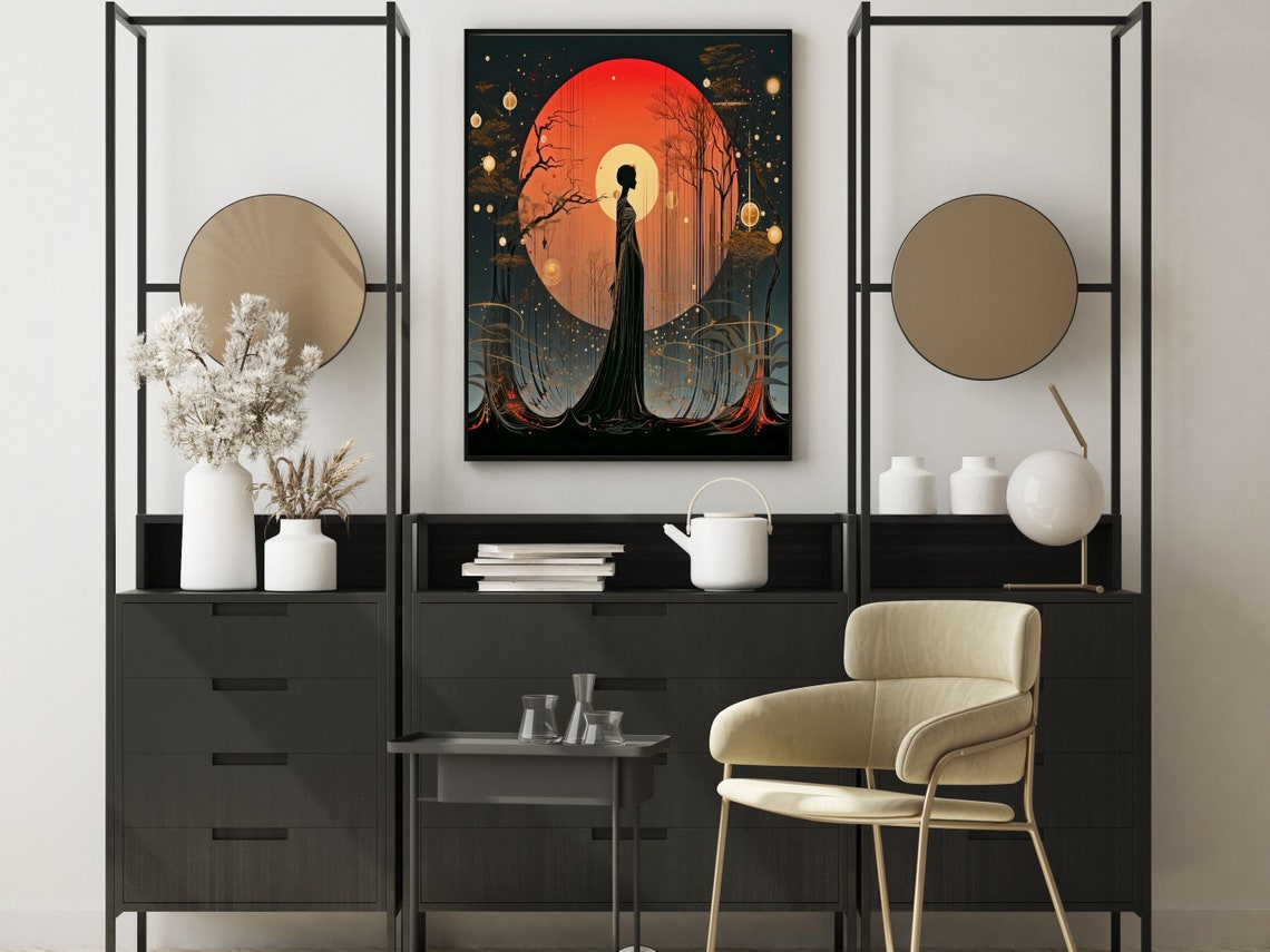 Art Deco Wall Art Red Sun Yellow Moon Art Deco Decor In Red And Black Wall Art Fantasy Art Deco - Image 4