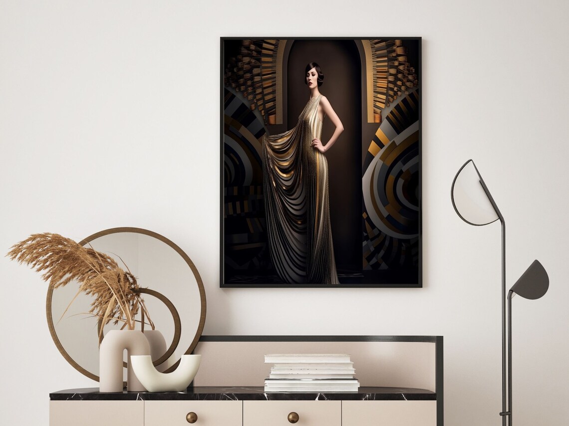 Art Deco Woman in Elegant Black and Gold Draped Gown With Headdress Poster - Image 4