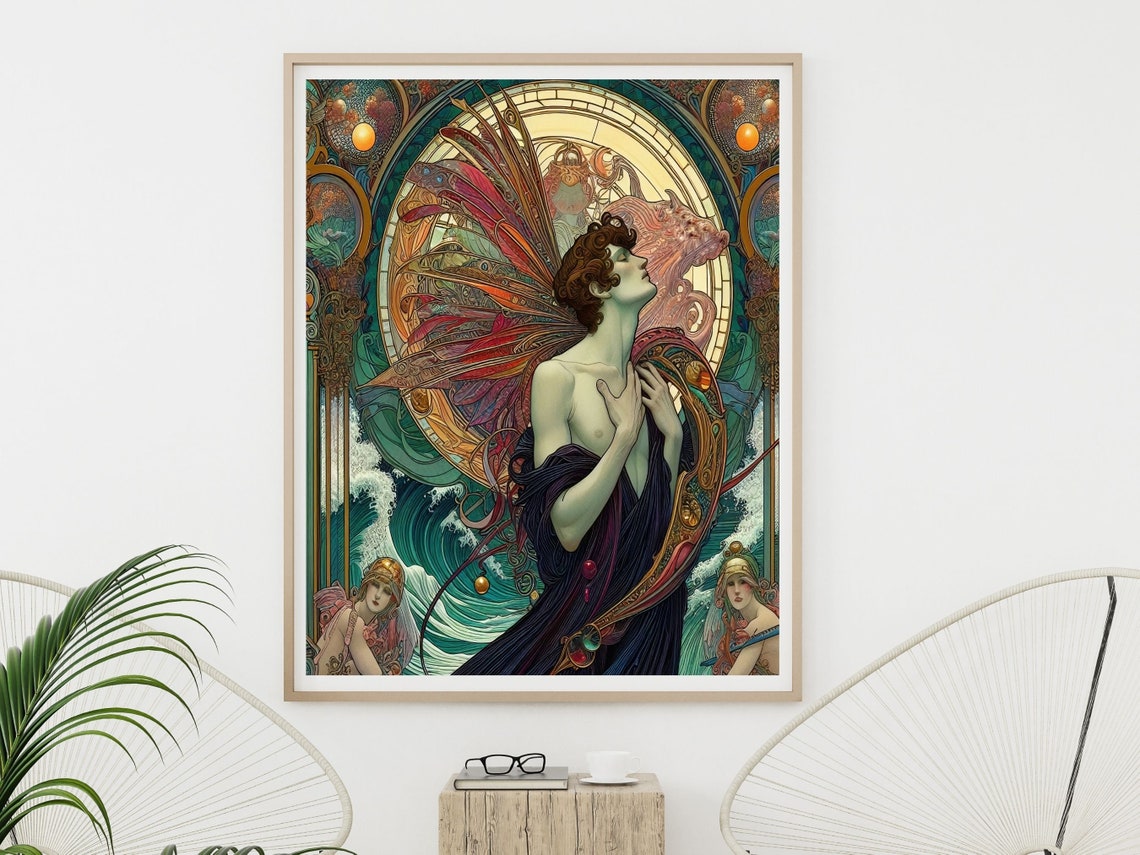 Alphonse Mucha Style Male Water Nymph With Wings and Waves Poster - Image 5