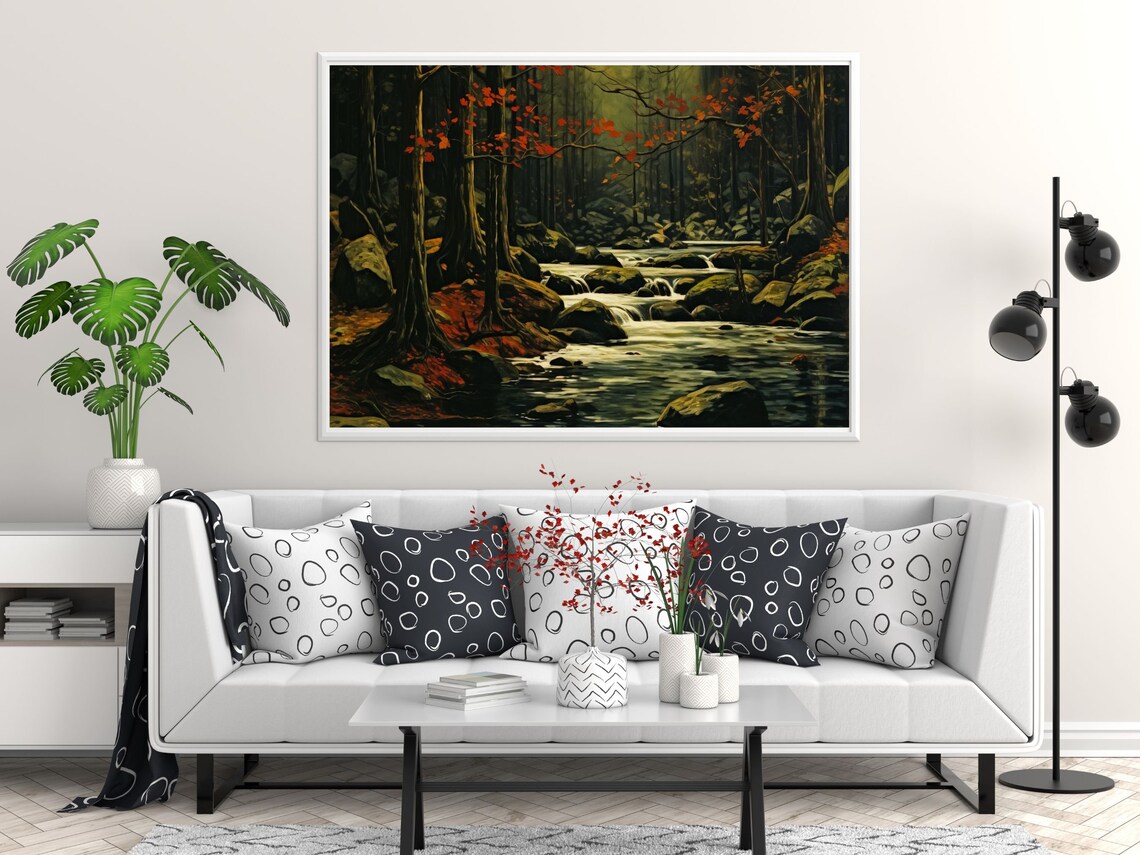 Moody Autumn Forest Stream With Red Leaves Vintage Painting Poster - Image 5