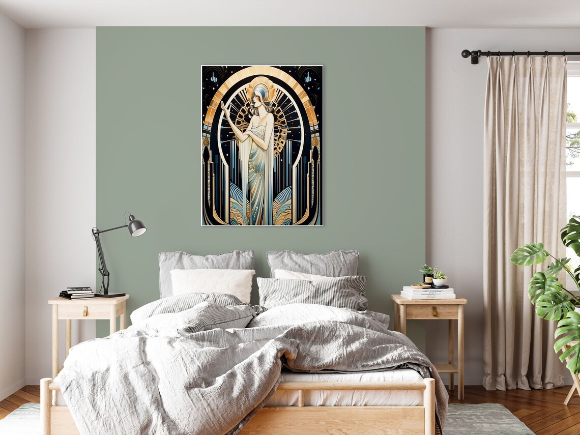 Erté-Inspired Woman in Gold Headdress Before Radiant Halo Poster - Image 4
