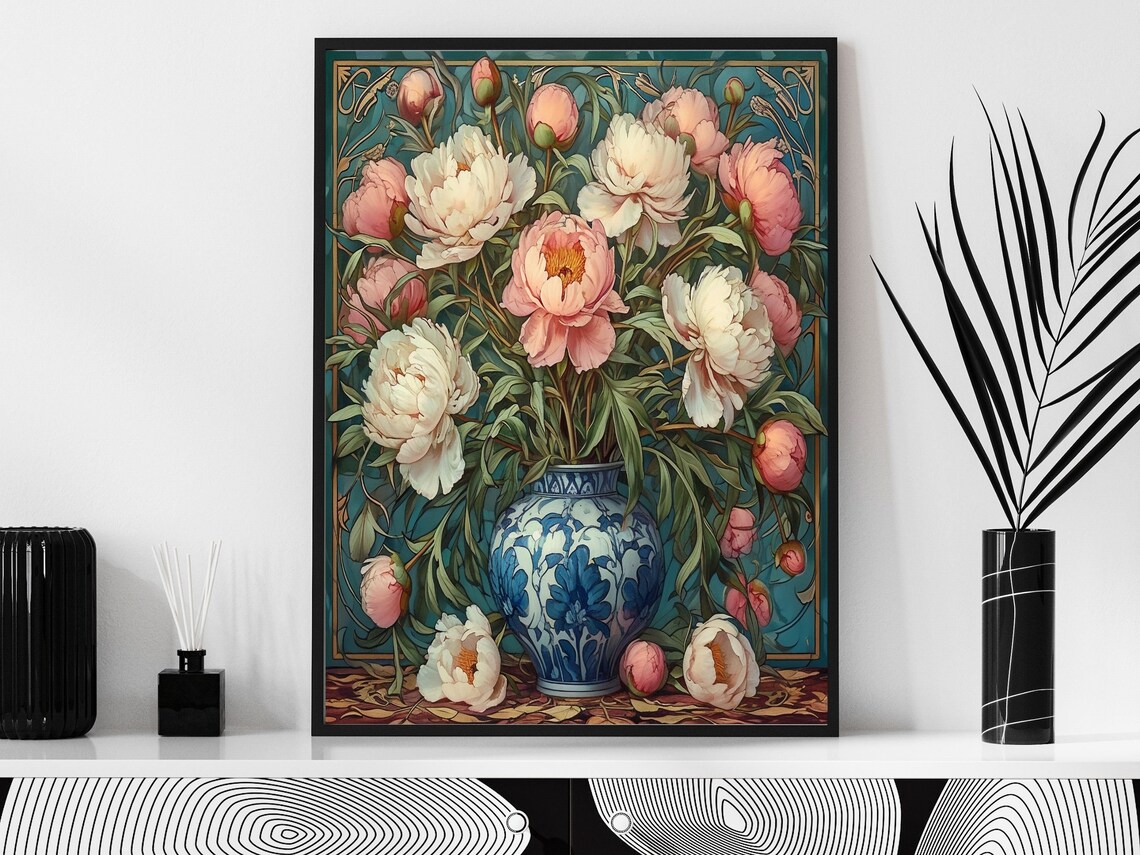 Pink And White Peonies In Blue Floral Vase Still Life Poster - Image 2