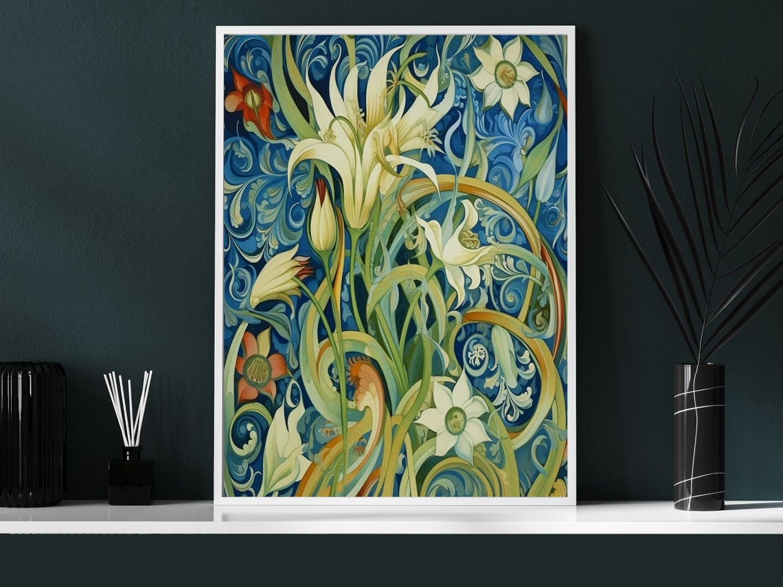 Surreal Spring Lilies in Deep Blue Swirling Tendrils Botanical Poster - Image 3