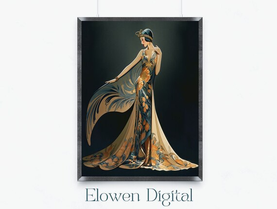 Art Deco Woman in Blue Floral Gown With Feathered Cape Poster