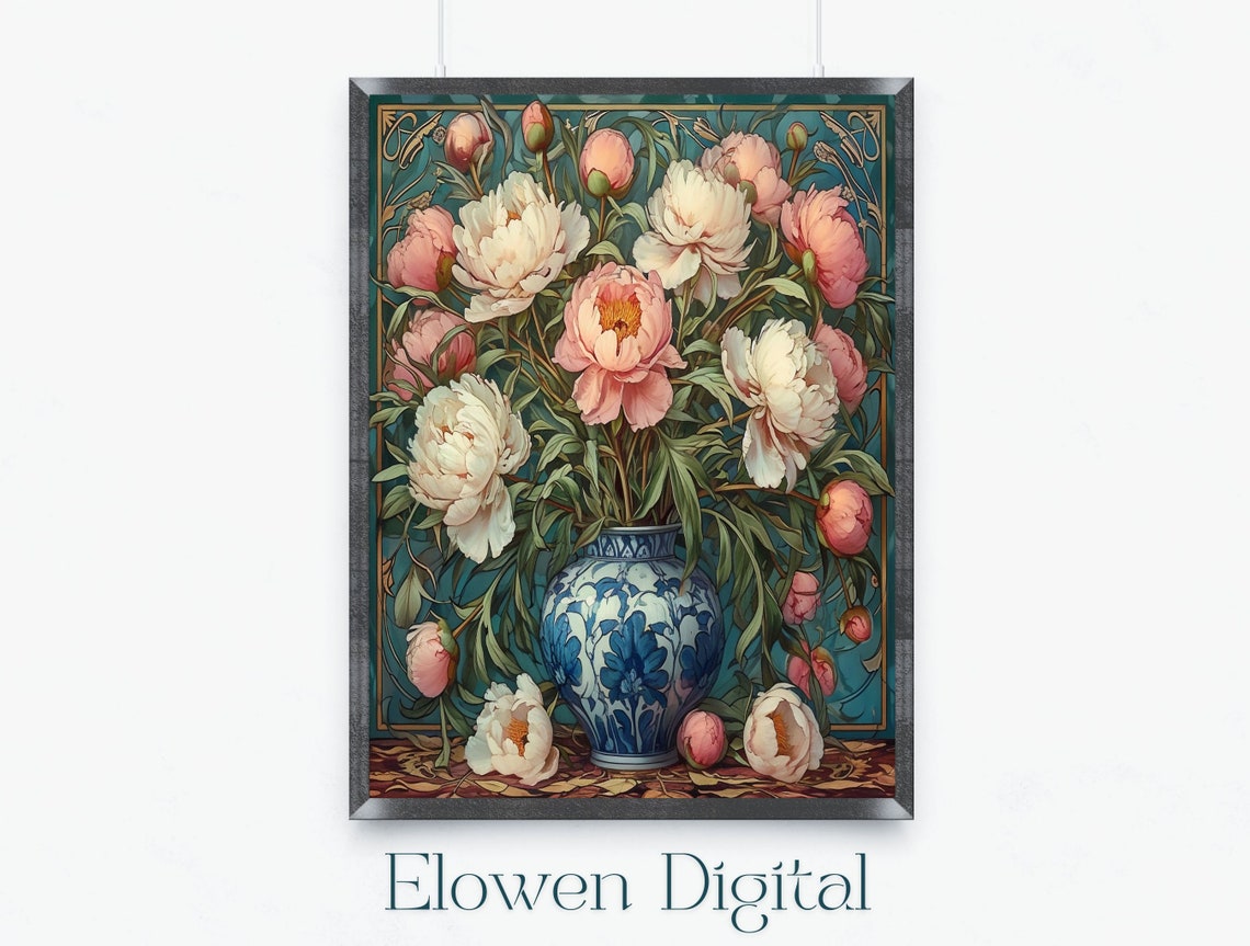 Pink And White Peonies In Blue Floral Vase Still Life Poster