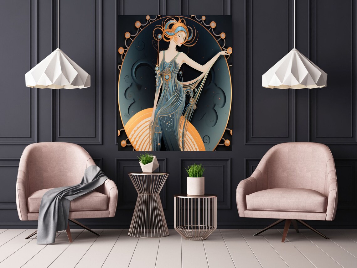 Art Deco Woman In Blue Gown With Crescent Moon Scene Wall Art - Image 3