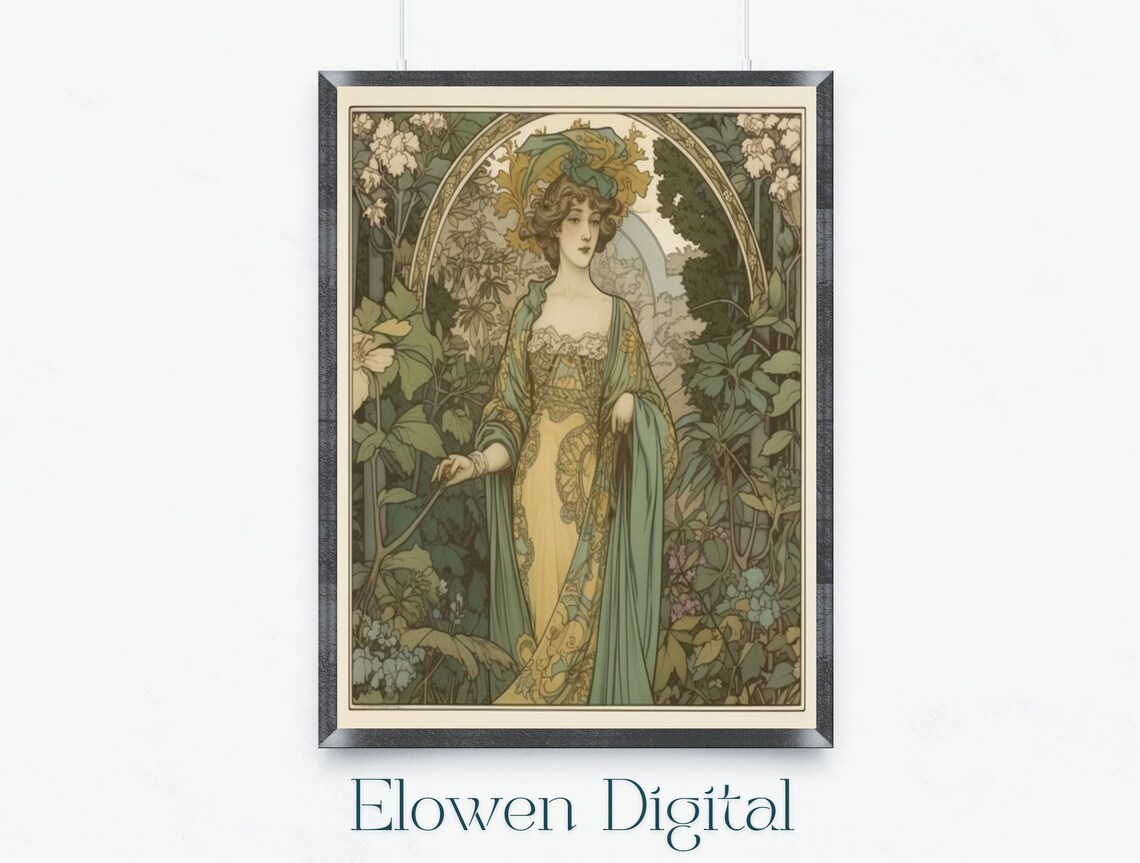 Mucha Style Woman In Green Gown Garden Scene Art Nouveau Poster