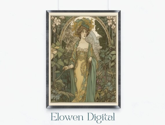 Mucha Style Woman In Green Gown Garden Scene Art Nouveau Poster
