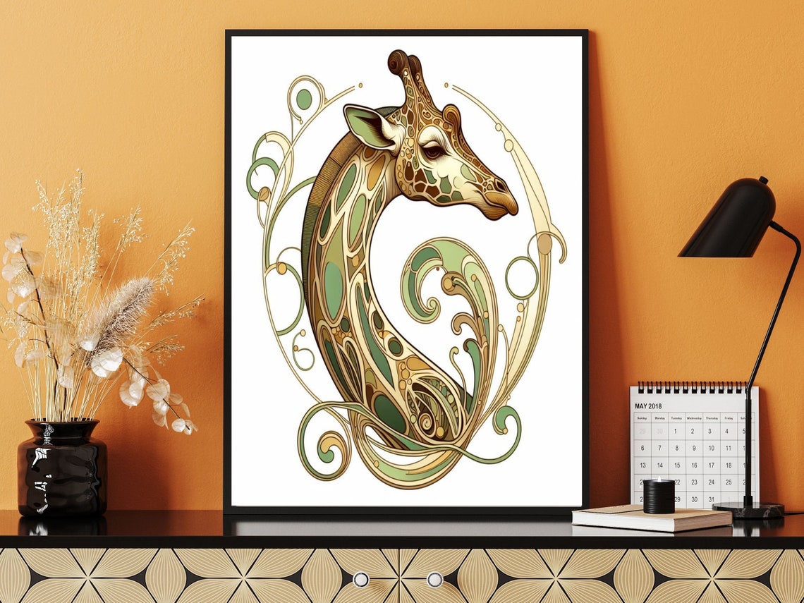 Art Nouveau Giraffe in Sage Green and Gold Scroll Wall Poster - Image 3