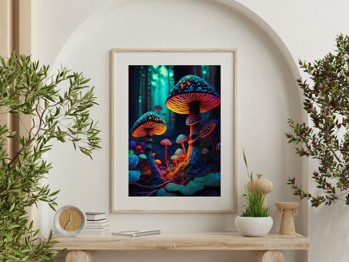 Neon Glow Mushrooms in Enchanted Teal Forest Fantasy Art Poster - Image 3