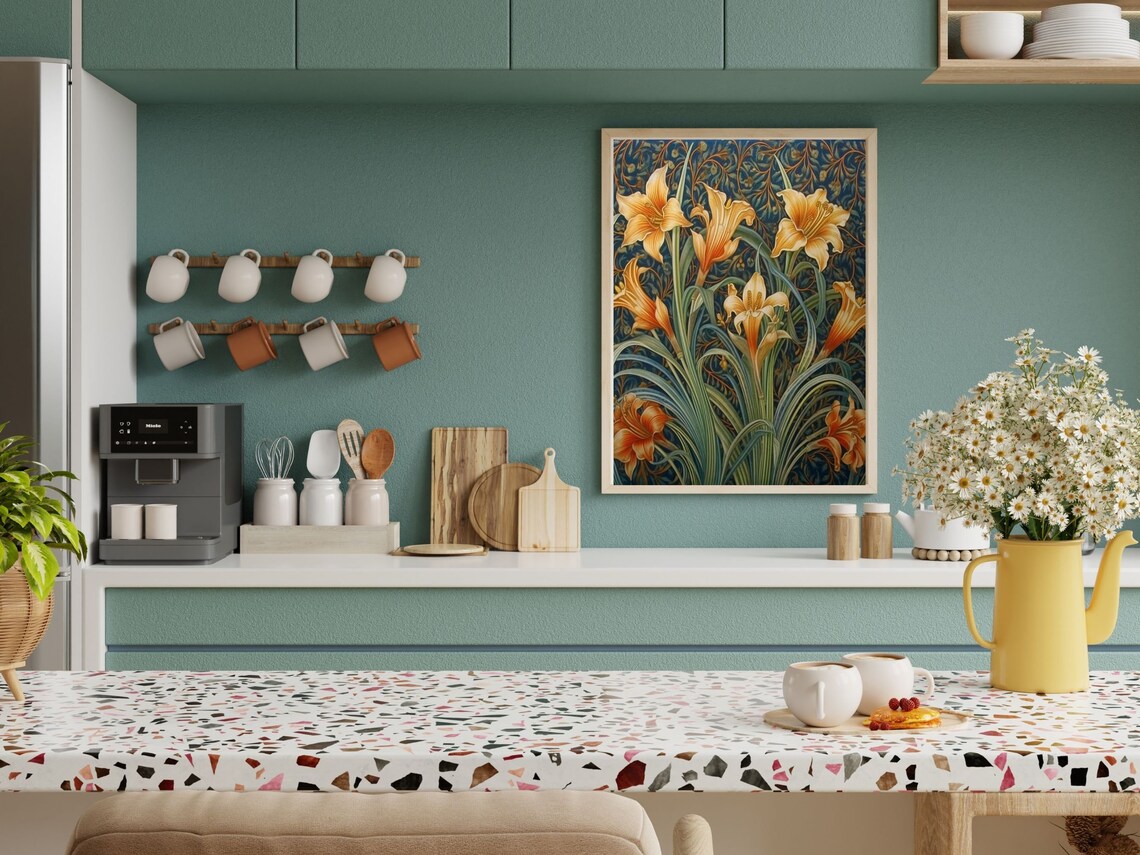 William Morris Style Orange Lilies On Dark Blue Floral Poster - Image 4