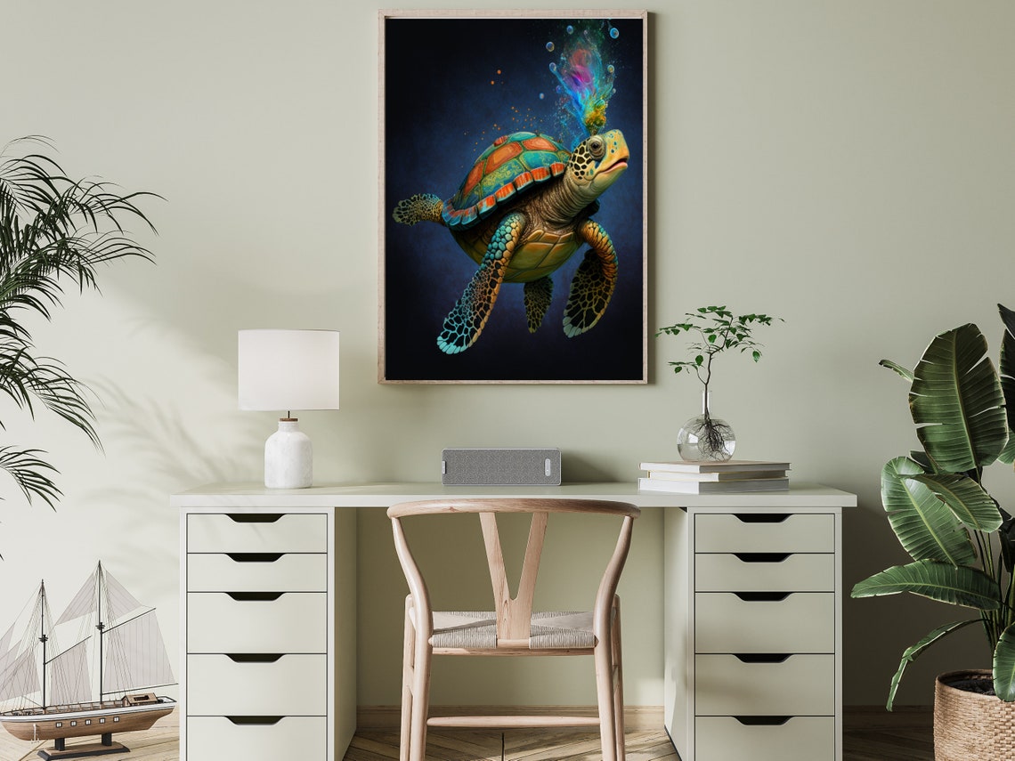 Colorful Sea Turtle with Rainbow Bubble Burst on Dark Poster - Image 4
