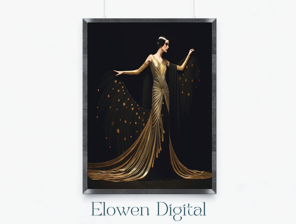 Art Deco Gold Dancer With Starry Train Against Black Night Poster