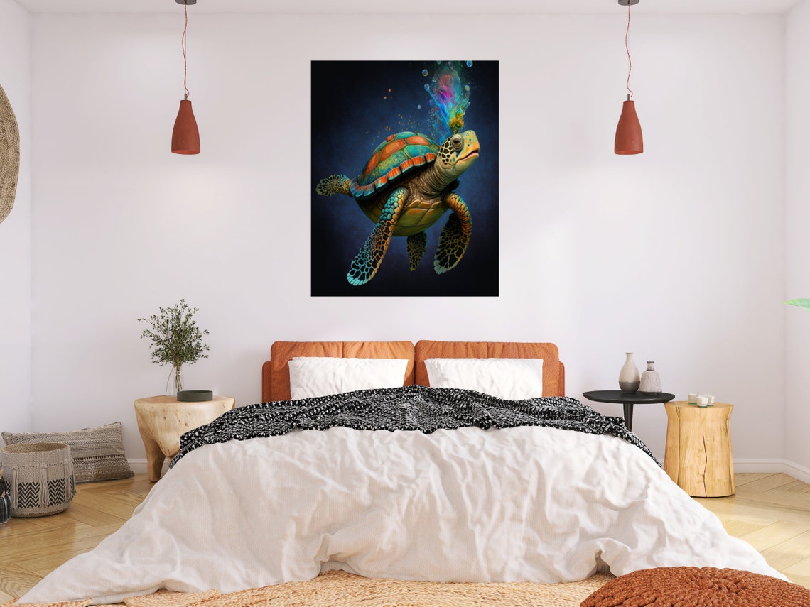 Colorful Sea Turtle with Rainbow Bubble Burst on Dark Poster - Image 6