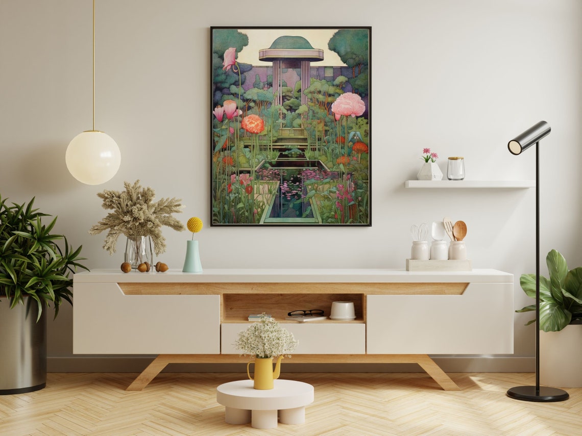 Frank Lloyd Wright Style Garden Pagoda Lotus Pond Design Wall Art - Image 4
