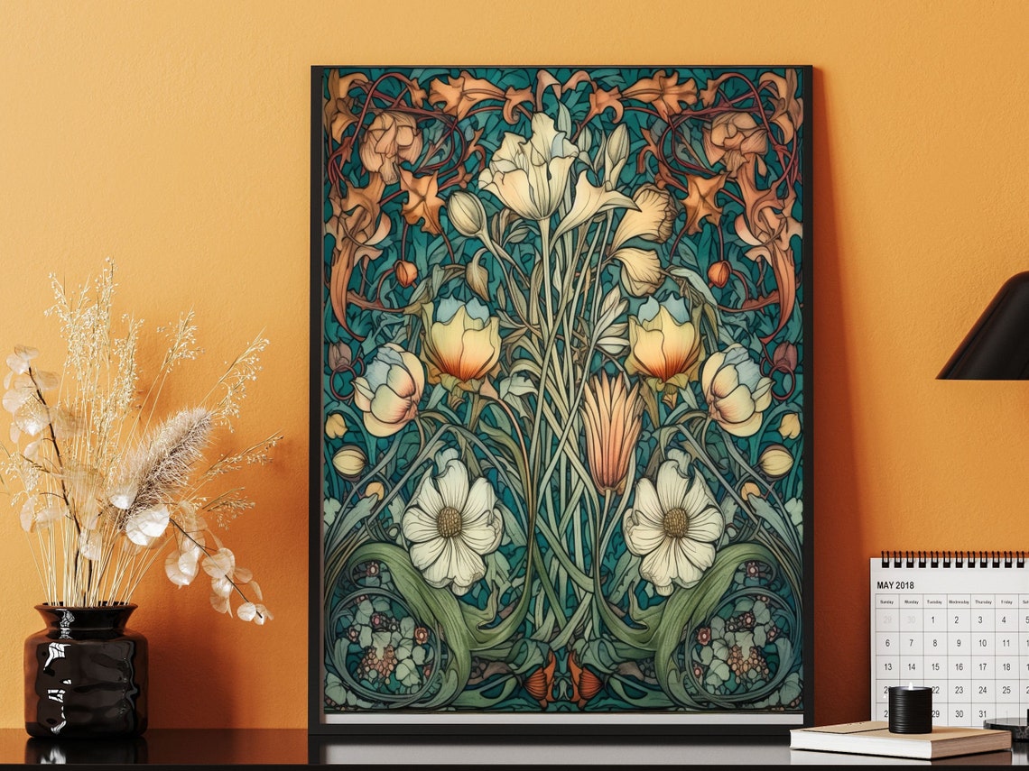 Morris Style Cream Tulips and Anemones on Teal Floral Wall Art