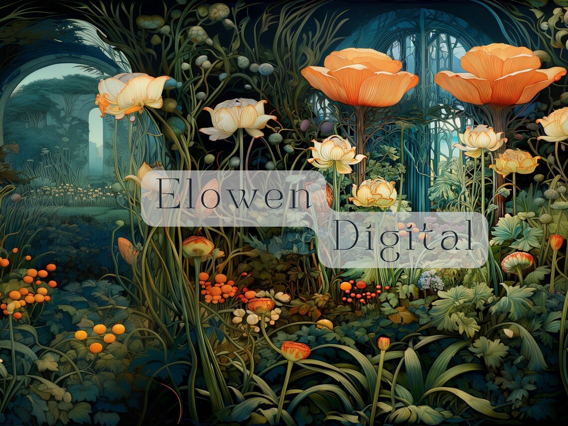 Art Nouveau Pond Flowers With Orange Poppies at Night Poster - Image 3