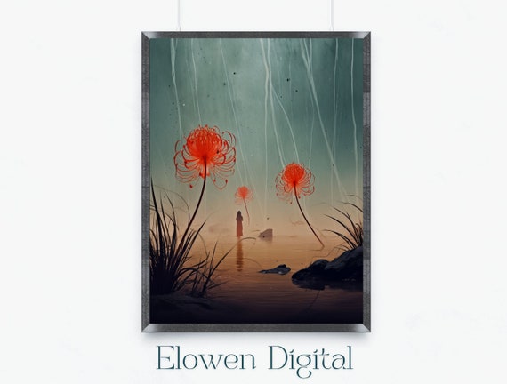 Large Wall Art Water Scene Moody Landscape With Bright Chrysanthemum Art Colorful Wall Art Beach With Red Chrysanthemums