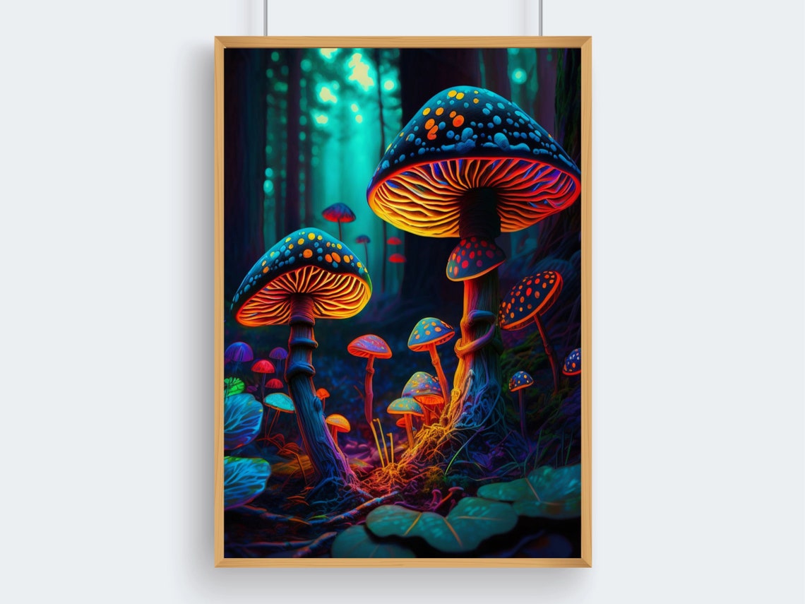 Neon Glow Mushrooms in Enchanted Teal Forest Fantasy Art Poster