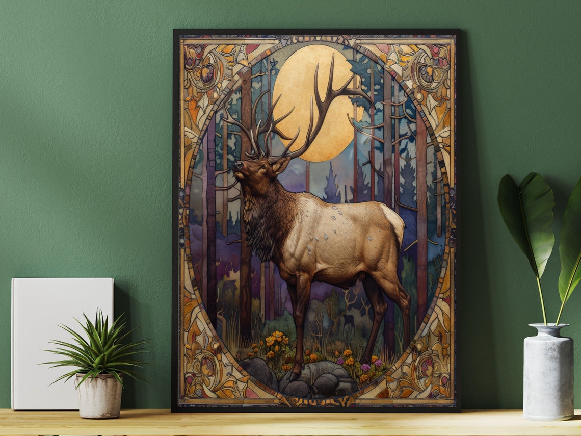 Art Nouveau Elk Bugling in a Dark Moonlit Forest Scene Poster