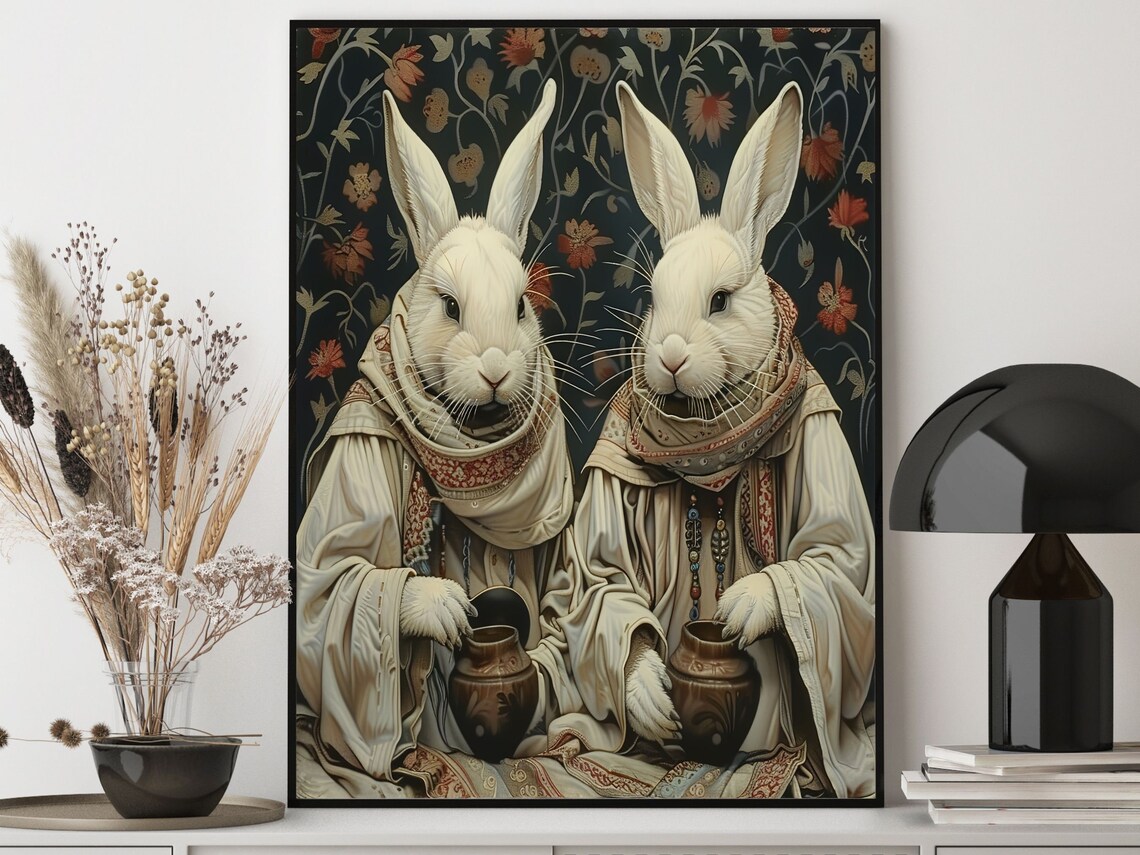 Two White Rabbits In Monk Robes Holding Clay Pots Floral Wall Art - Image 2