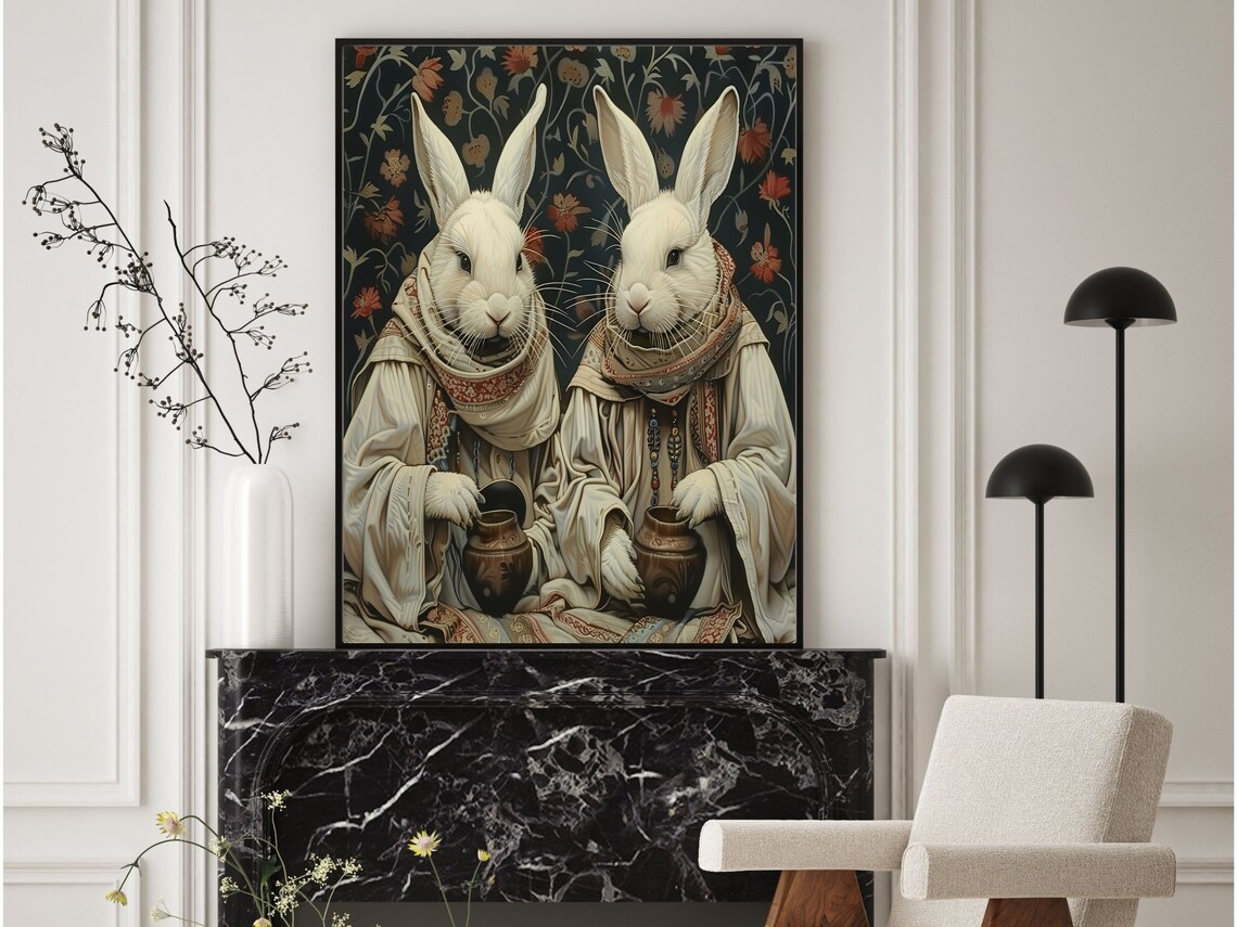 Two White Rabbits In Monk Robes Holding Clay Pots Floral Wall Art - Image 4