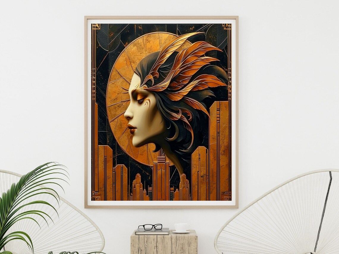 Art Deco Woman Profile With Feather Headdress Over City Poster - Image 4