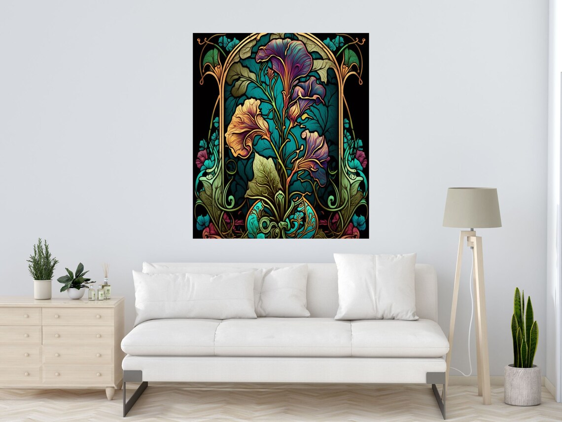 Art Nouveau Morning Glory Blooms Teal Stained Glass Floral Wall Art - Image 2