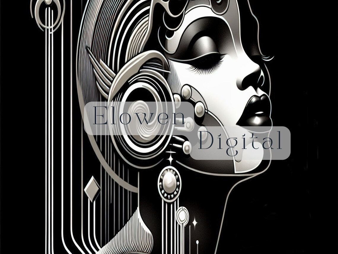 Black and White Art Deco Woman Portrait Geometric Deco Wall Art - Image 6