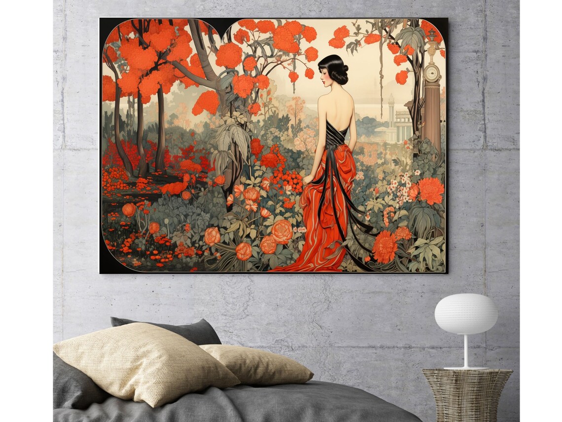 Erté Style Woman in Red Gown in a Crimson Flower Garden Poster - Image 5
