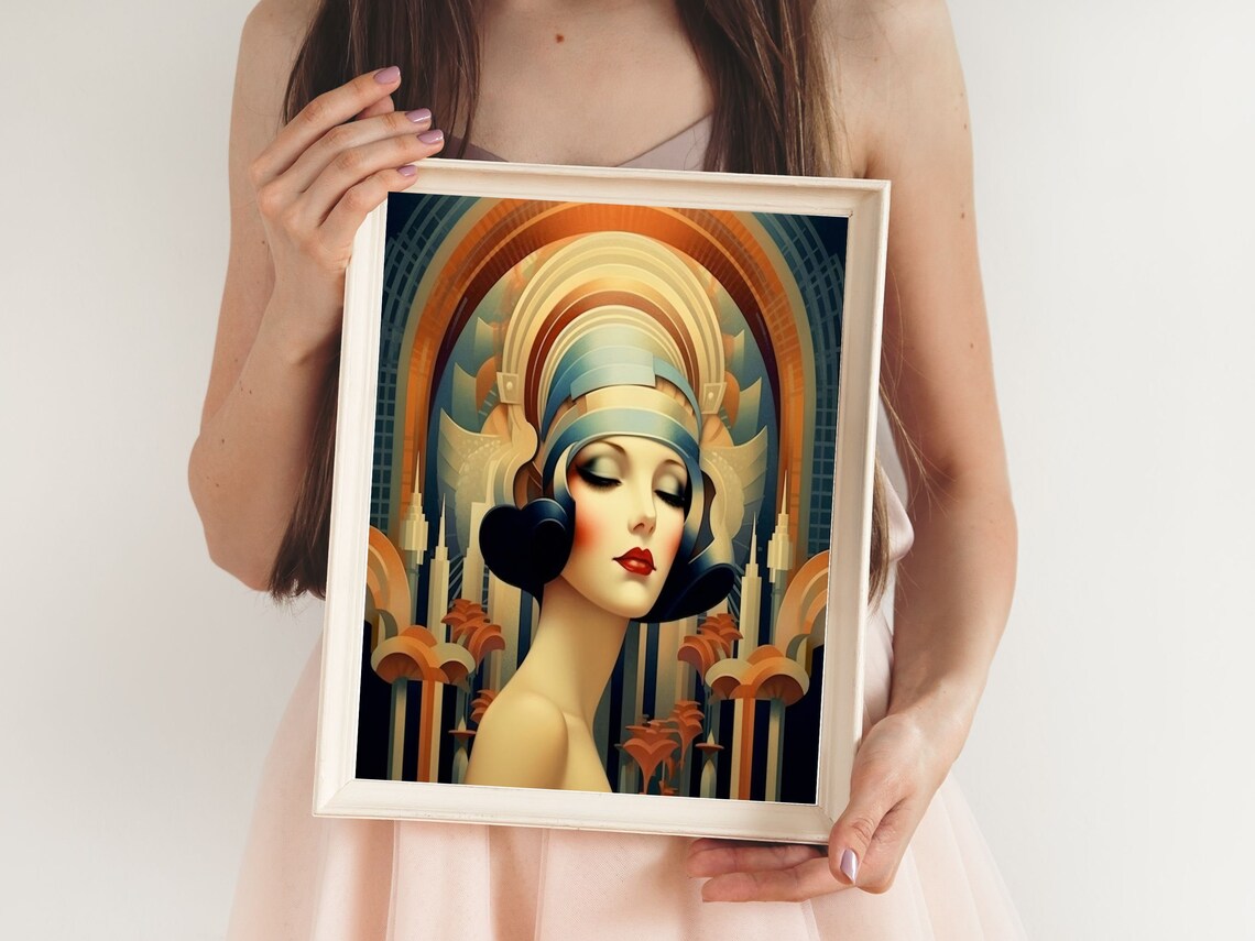 Art Deco Woman in Blue Headdress Beneath Radiant Gold Arch Poster - Image 5