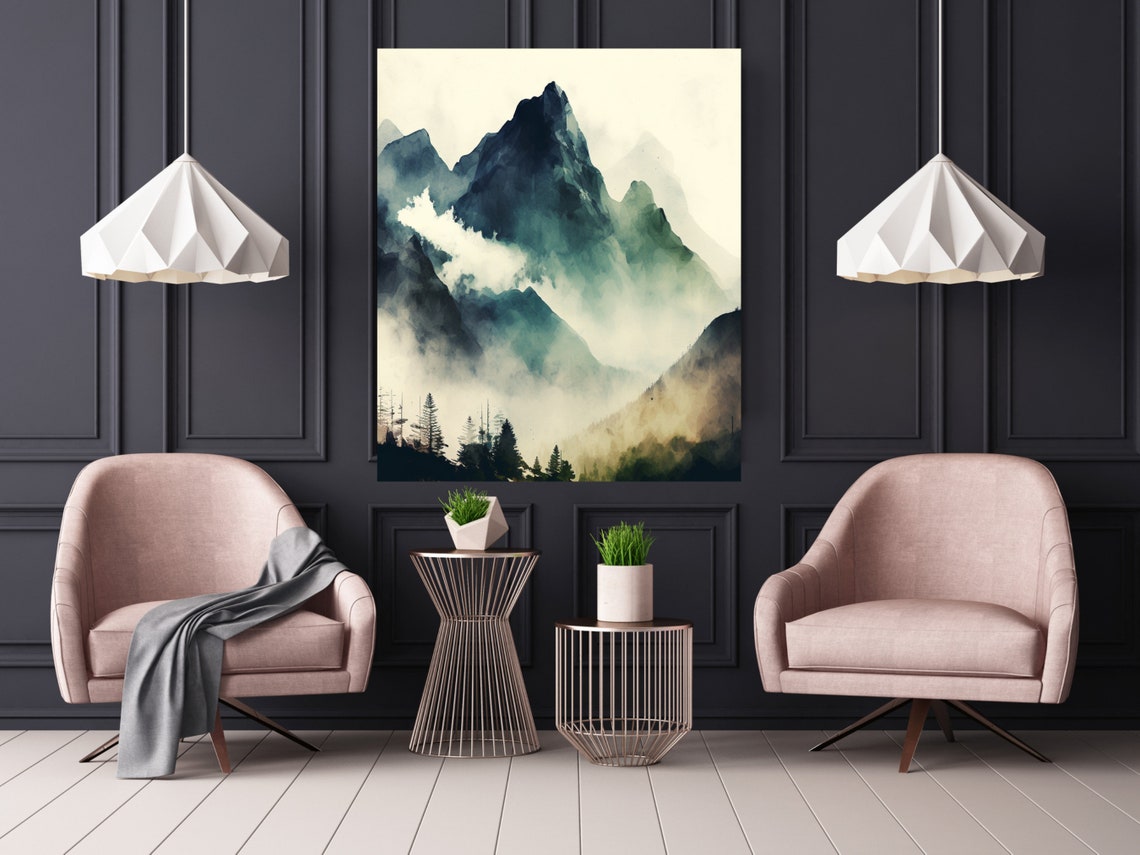 Misty Teal Mountain Peaks in a Watercolor Landscape Wall Poster - Image 5