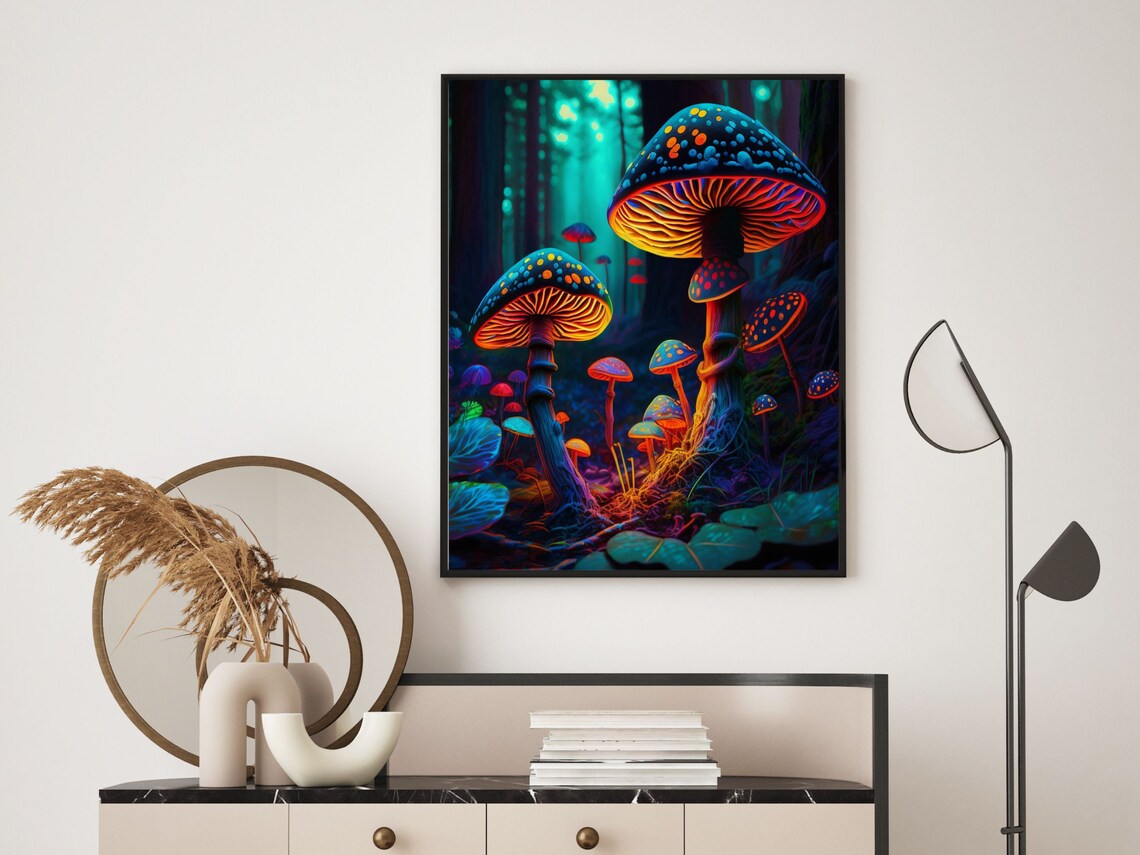 Neon Glow Mushrooms in Enchanted Teal Forest Fantasy Art Poster - Image 6