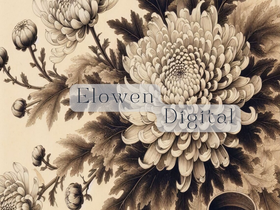 Japanese Ink Chrysanthemums Tea Cup Vintage Botanical Poster - Image 2