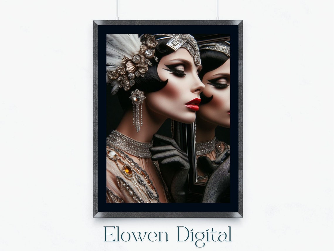 Silver Gown Woman Gazing At Her Mirror Reflection Art Deco Print