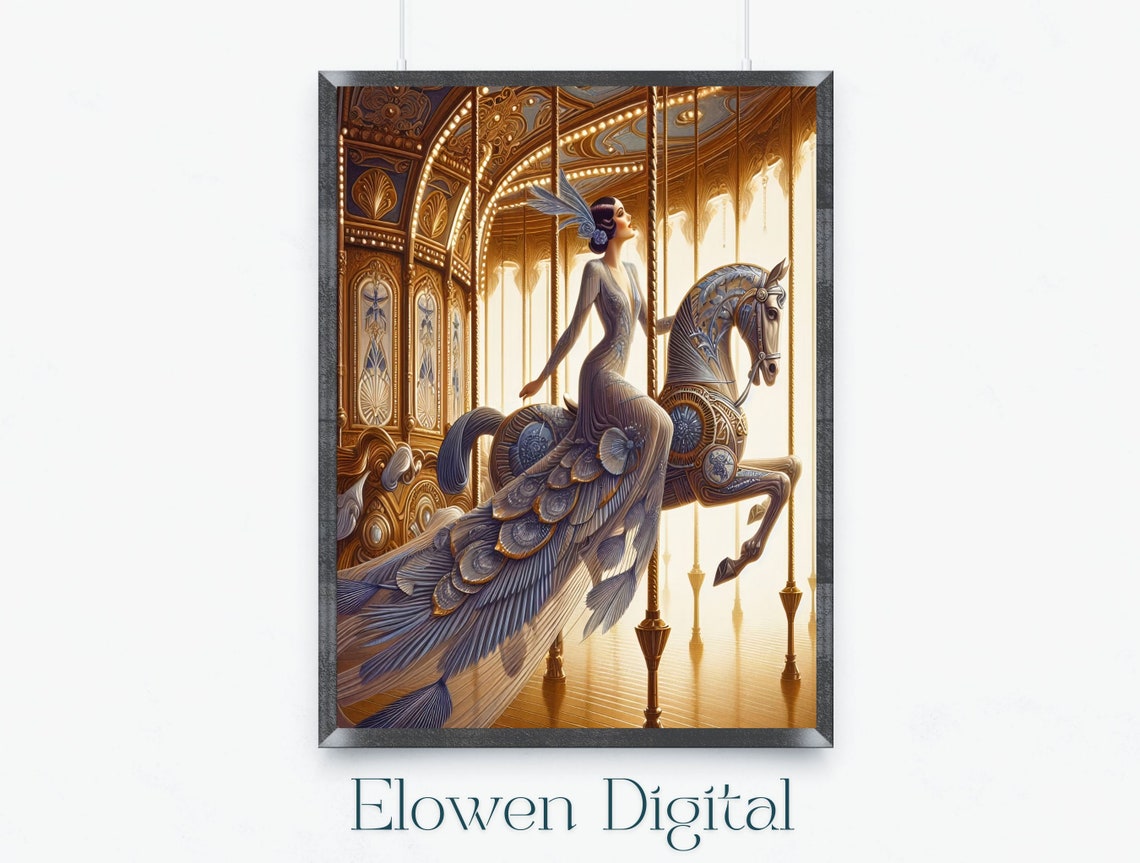 Art Nouveau Woman On A Carousel Horse Wall Art Erte Fancy Gown Art Woman In A Ball Gown On A Carousel Horse