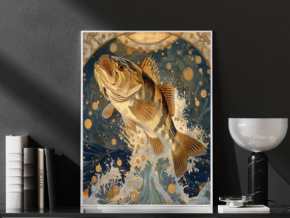 Art Nouveau Fish Wall Art Retro Salmon Decor Poster Trout Jumping Out Of The Water Wall Hanging Striped Bass Original Art