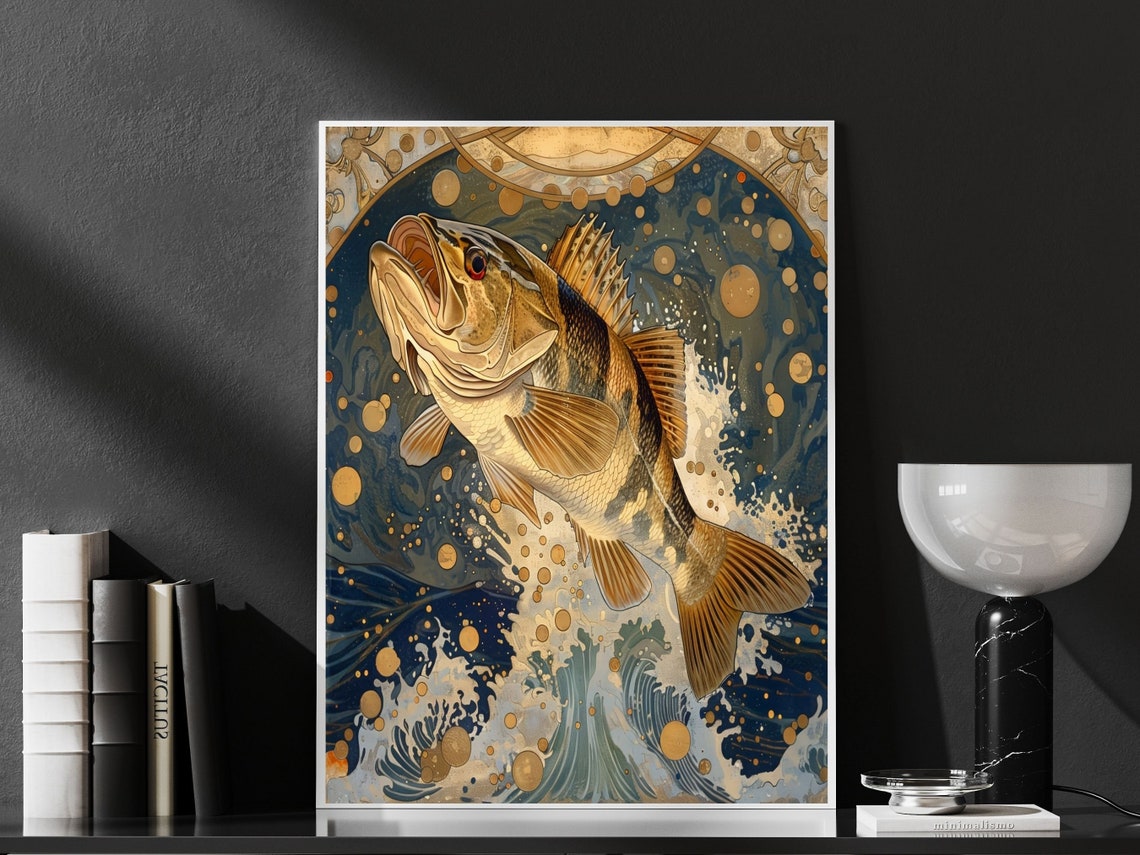 Art Nouveau Fish Wall Art Retro Salmon Decor Poster Trout Jumping Out Of The Water Wall Hanging Striped Bass Original Art
