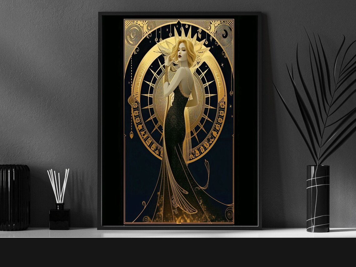 Woman In Flowing Black Gown Before Golden Sunburst Art Deco Print - Image 4