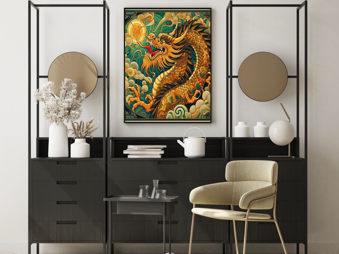 Golden Chinese Dragon With Pearl In Jade Clouds Scene Wall Art - Image 3