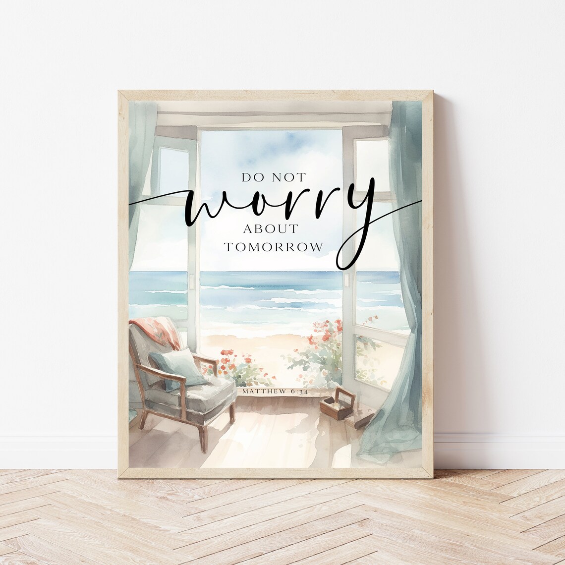 Matthew 634 Coastal Kitchen Print Do Not Worry About Tomorrow Bible Verse Ocean Bedroom Decor Sign Beach Scripture